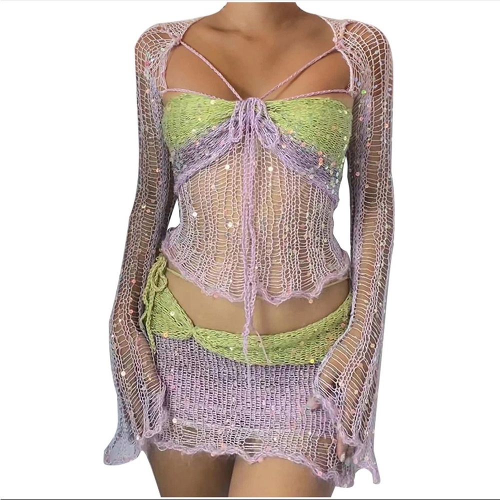 Sheer Purple and Green Knit Set